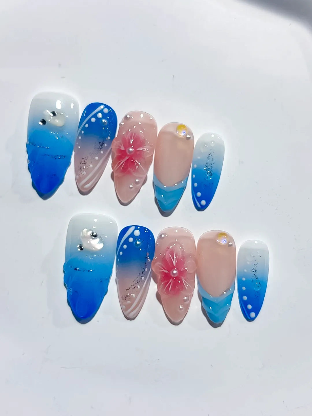 Nude Blue Pink Silver Ombre Flower Glitter press on nails close up