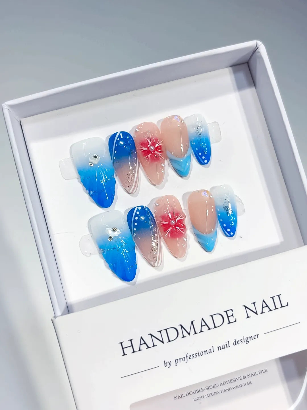 Nude Blue Pink Silver Ombre Flower Glitter press on nails angled view