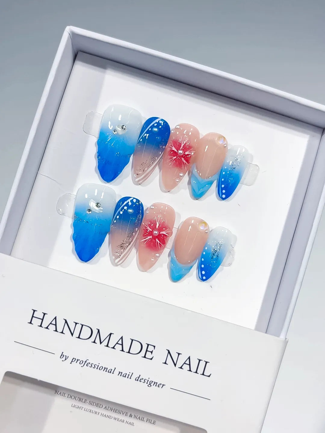 Nude Blue Pink Silver Ombre Flower Glitter press on nails