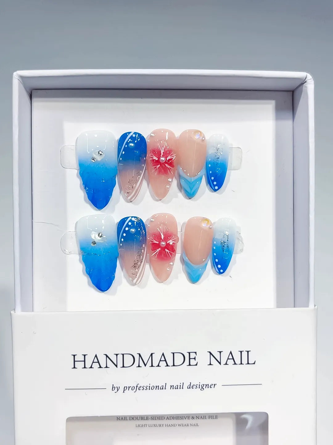 Nude Blue Pink Silver Ombre Flower Glitter press on nails full set view