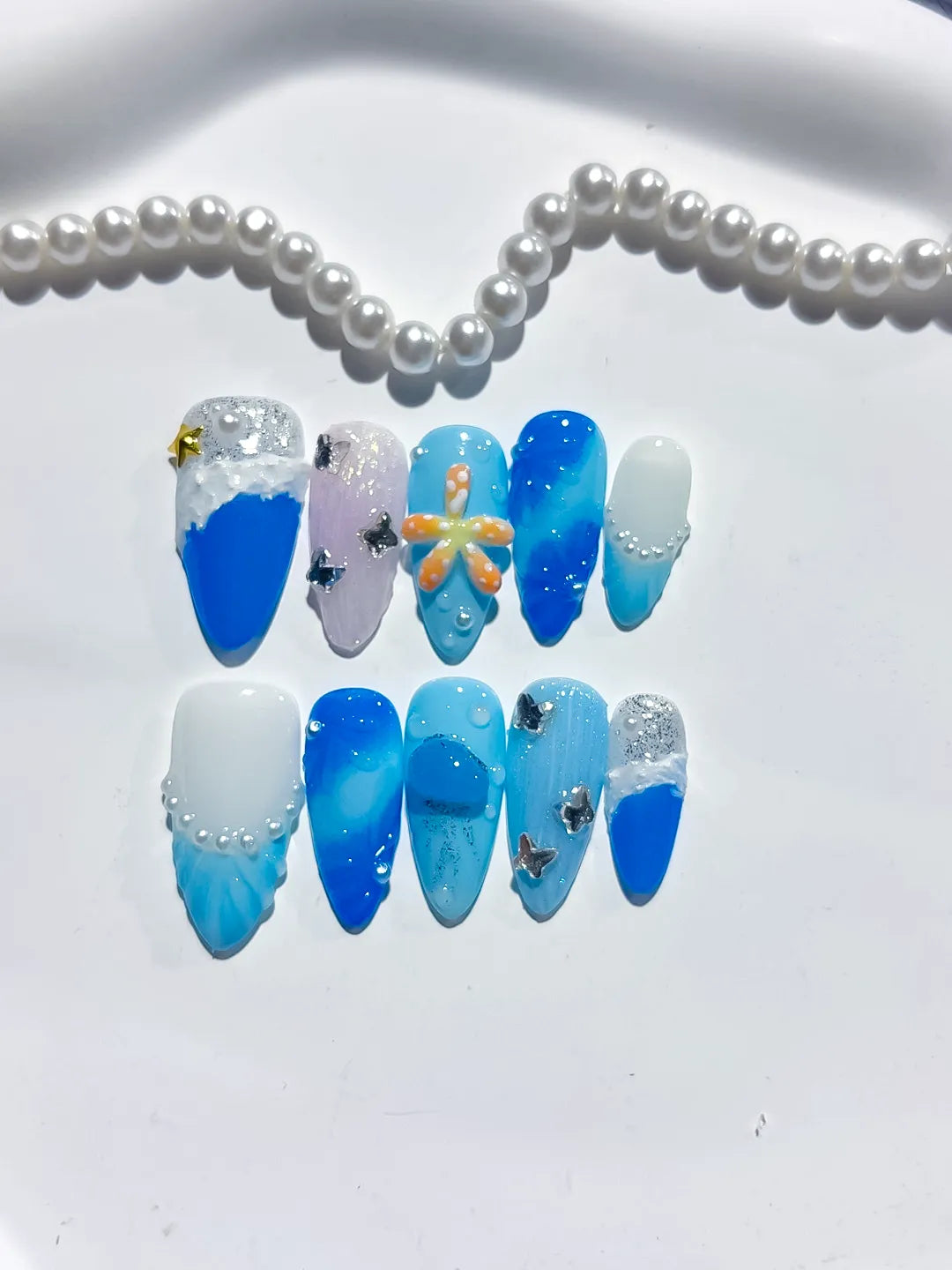 Blue White Silver Glitter Flower Star Shell press on nails detail view