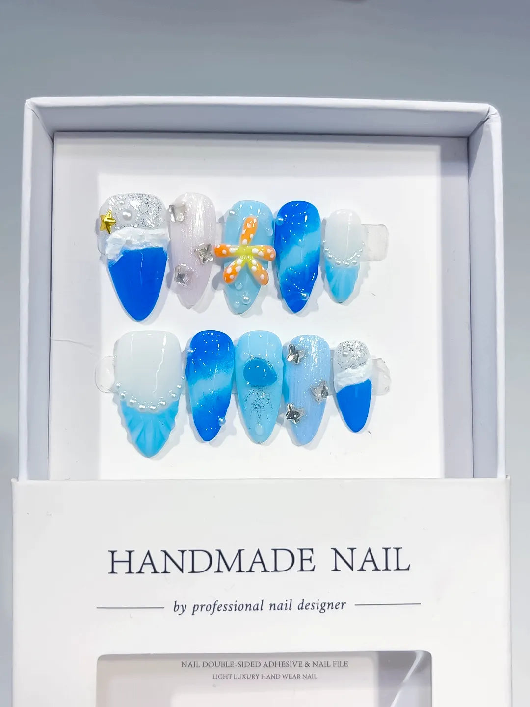 Blue White Silver Glitter Flower Star Shell press on nails full set view