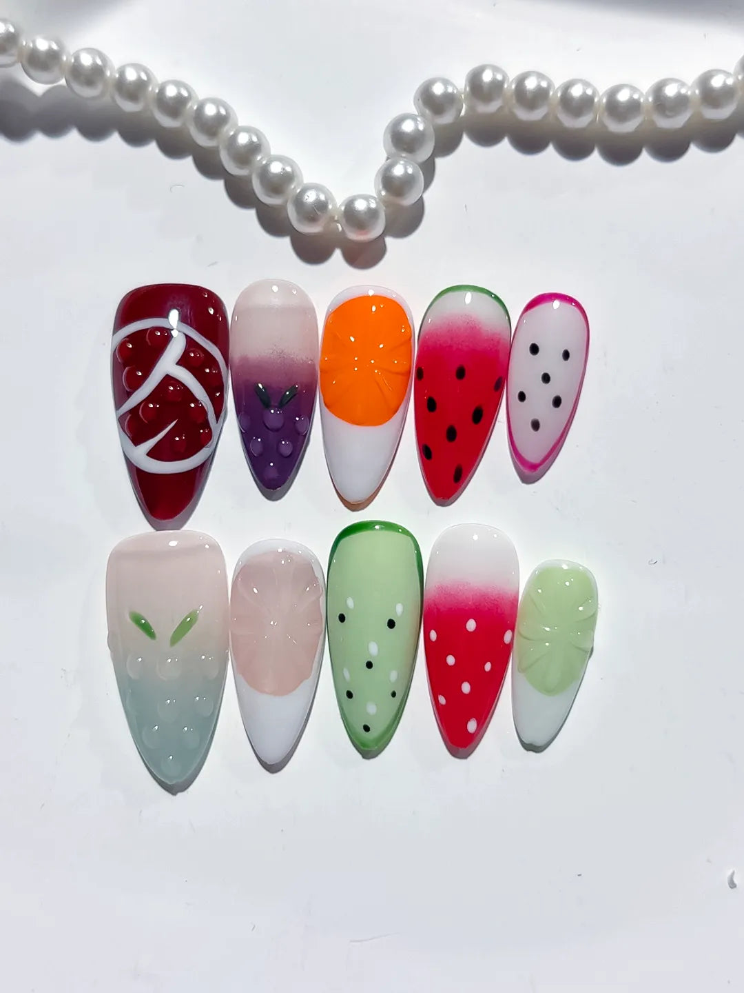 Red Pink Green White Abstract Fruit press on nails close up