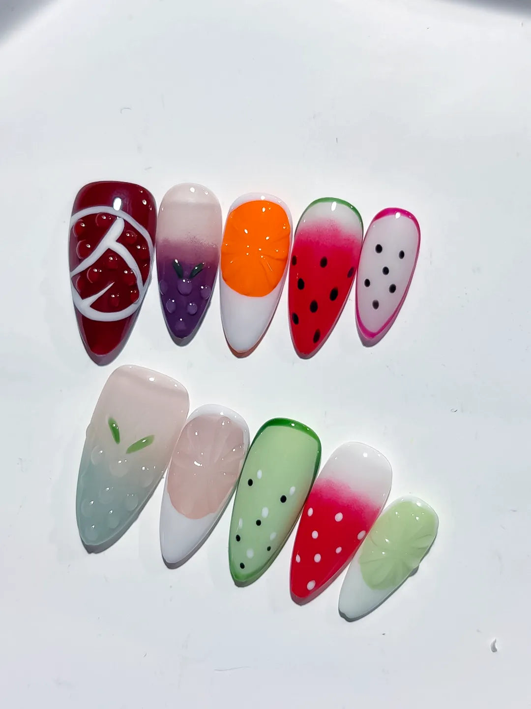 Red Pink Green White Abstract Fruit press on nails detail view