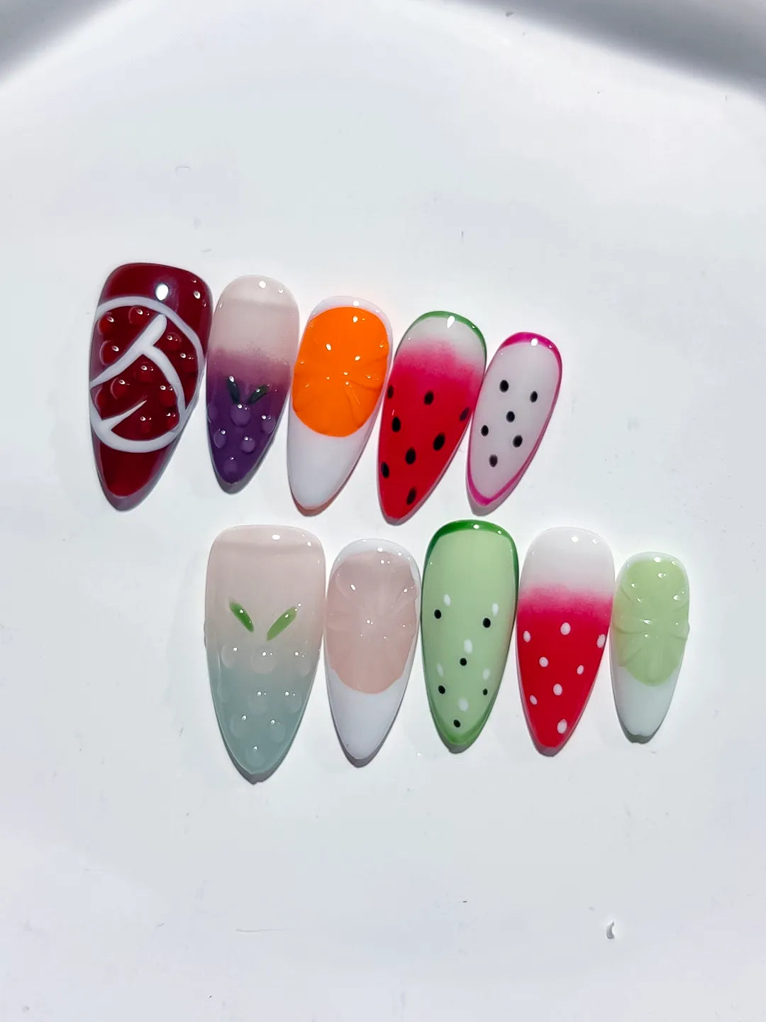 Red Pink Green White Abstract Fruit press on nails detail view