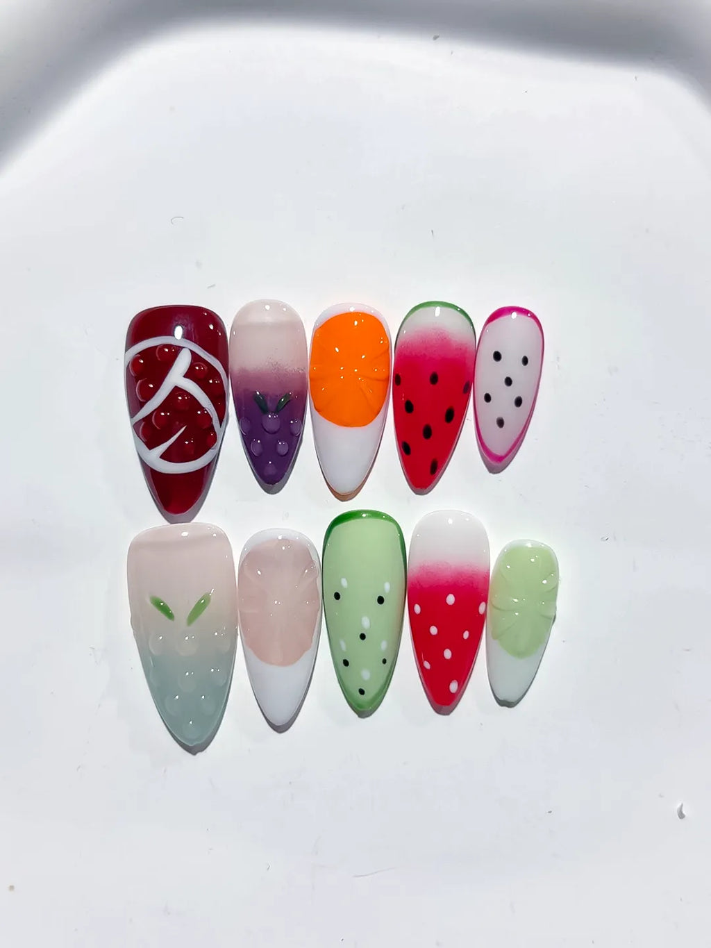 Red Pink Green White Abstract Fruit press on nails detail view