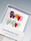 Red Pink Green White Abstract Fruit press on nails