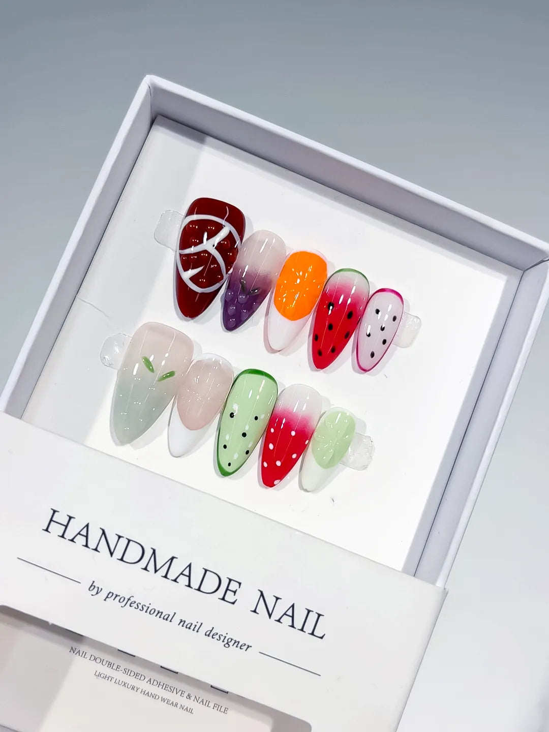 Red Pink Green White Abstract Fruit press on nails