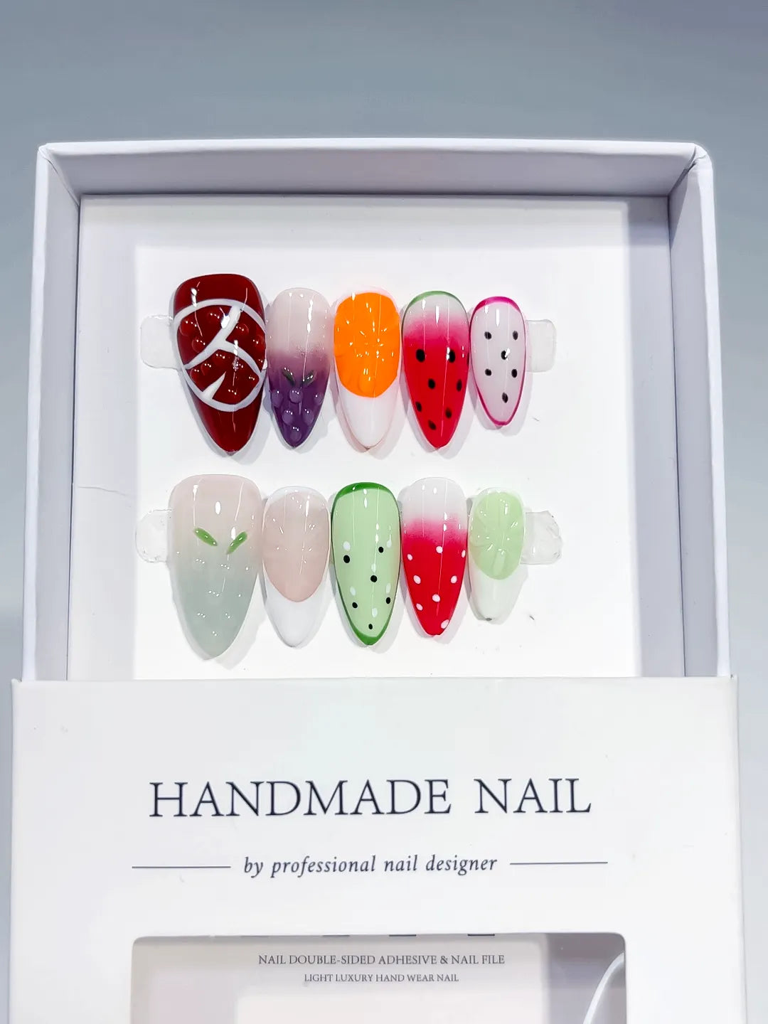 Red Pink Green White Abstract Fruit press on nails full set view