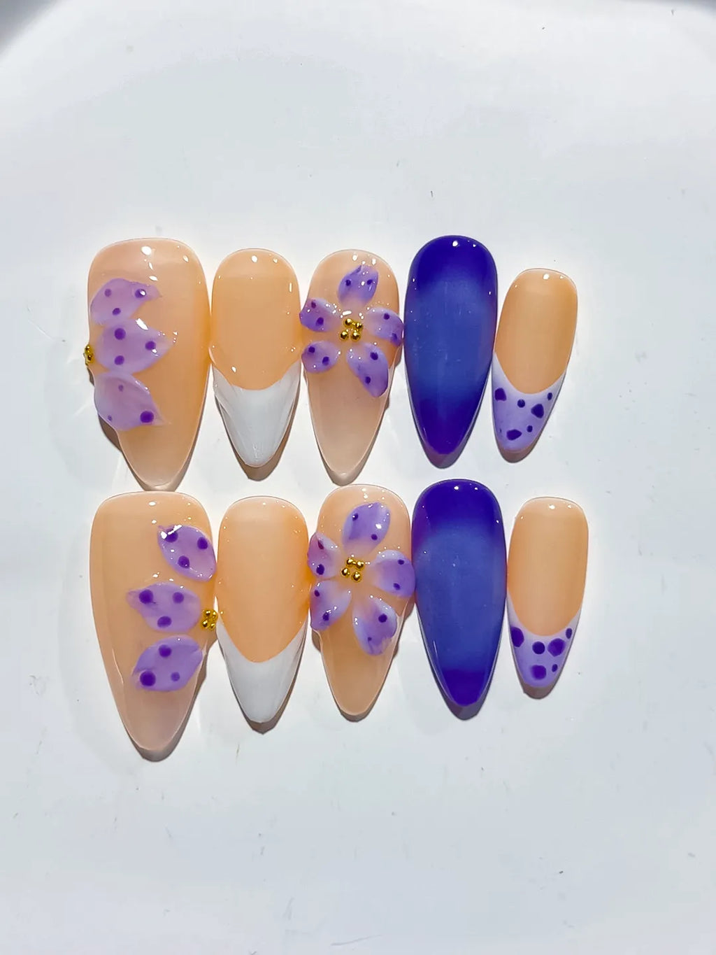 Nude White Purple French tip Flower Dot Pattern press on nails detail view