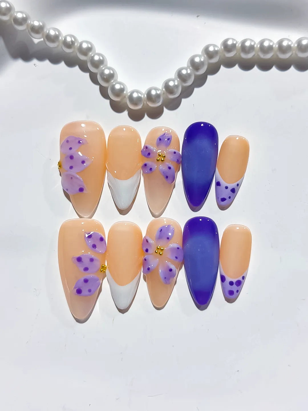 Nude White Purple French tip Flower Dot Pattern press on nails close up