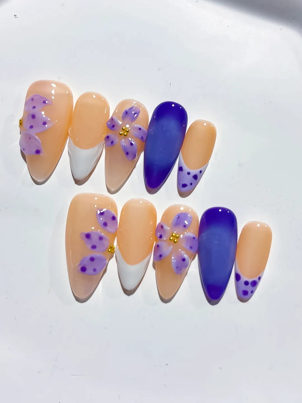 Nude White Purple French tip Flower Dot Pattern press on nails detail view