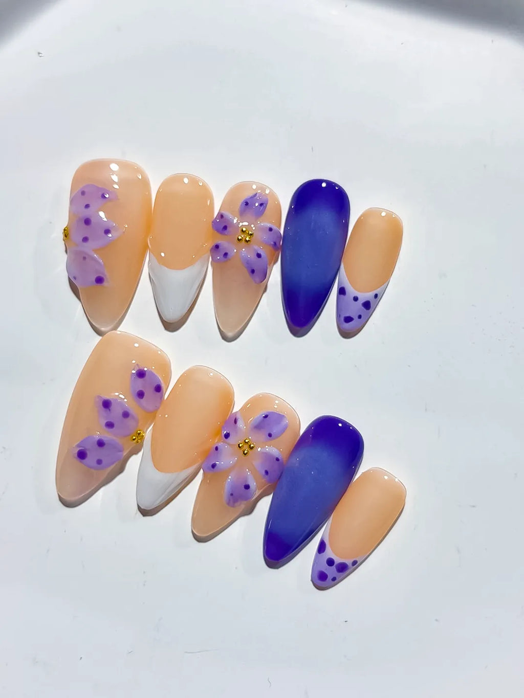 Nude White Purple French tip Flower Dot Pattern press on nails detail view