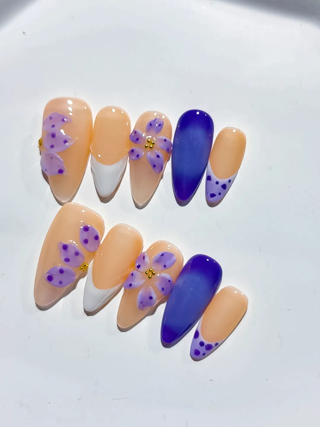 Nude White Purple French tip Flower Dot Pattern press on nails detail view