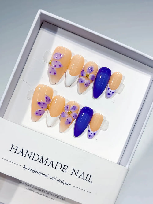 Nude White Purple French tip Flower Dot Pattern press on nails