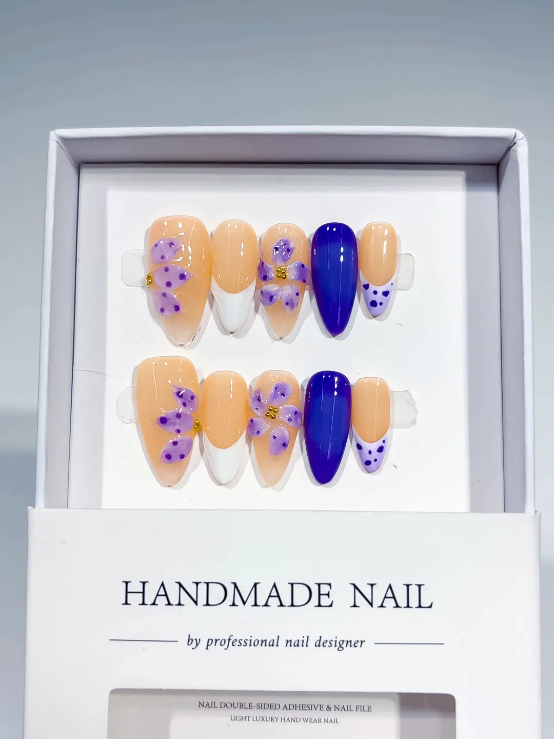 Nude White Purple French tip Flower Dot Pattern press on nails full set view