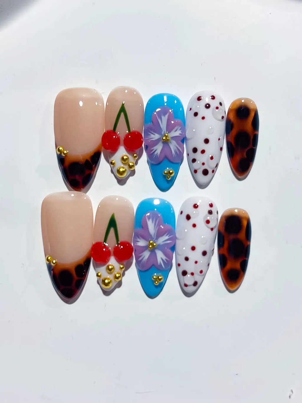 Nude Brown Blue White Red Abstract Cherry Flower Animal Print Dot Pattern press on nails close up