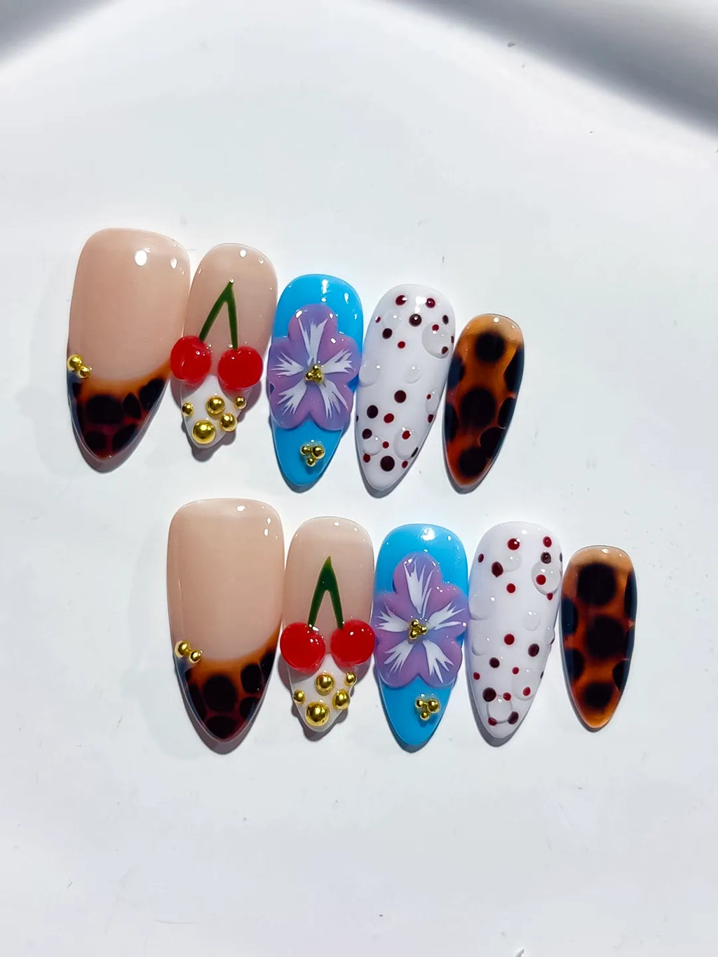 Nude Brown Blue White Red Abstract Cherry Flower Animal Print Dot Pattern press on nails detail view