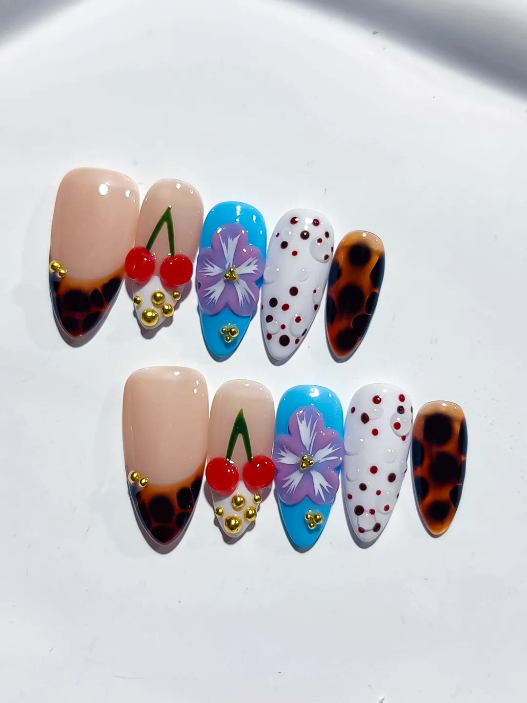 Nude Brown Blue White Red Abstract Cherry Flower Animal Print Dot Pattern press on nails detail view