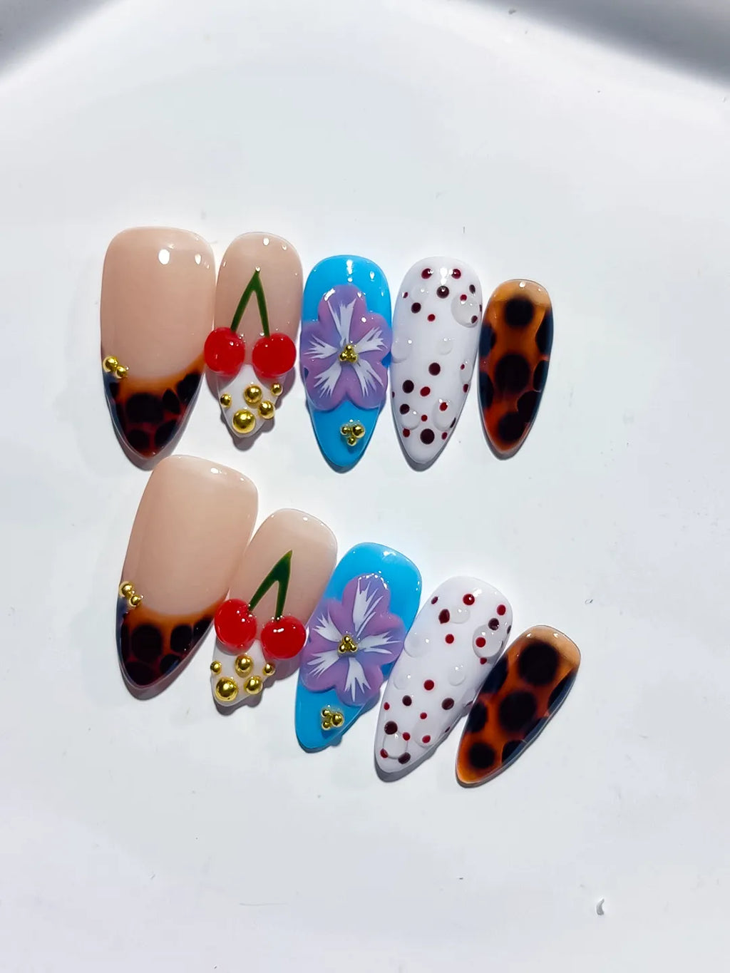 Nude Brown Blue White Red Abstract Cherry Flower Animal Print Dot Pattern press on nails detail view