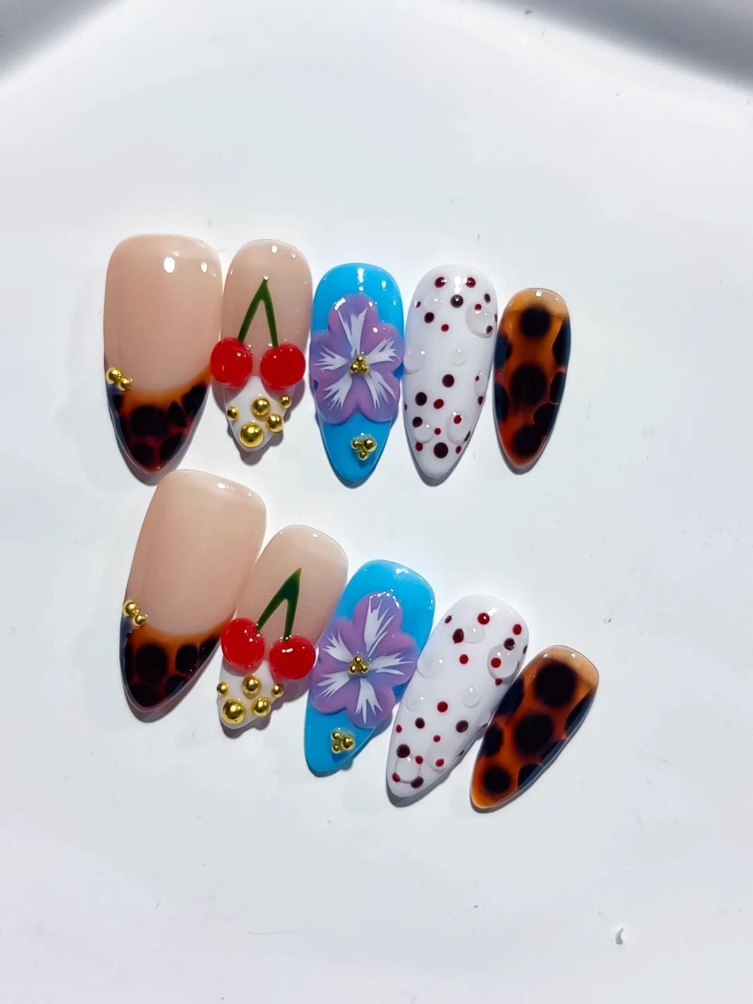 Nude Brown Blue White Red Abstract Cherry Flower Animal Print Dot Pattern press on nails detail view