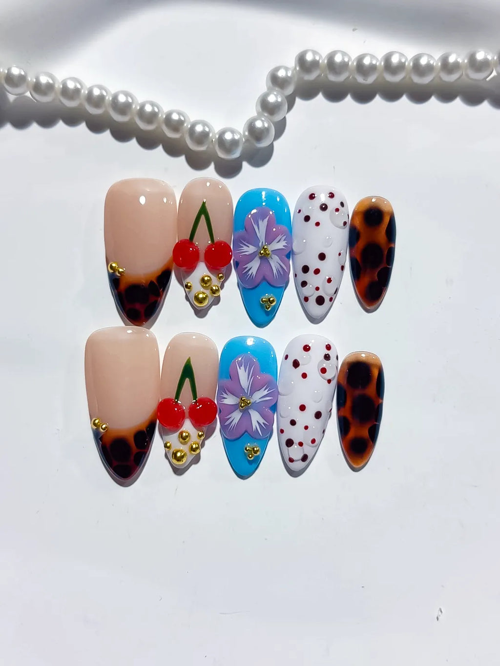 Nude Brown Blue White Red Abstract Cherry Flower Animal Print Dot Pattern press on nails detail view
