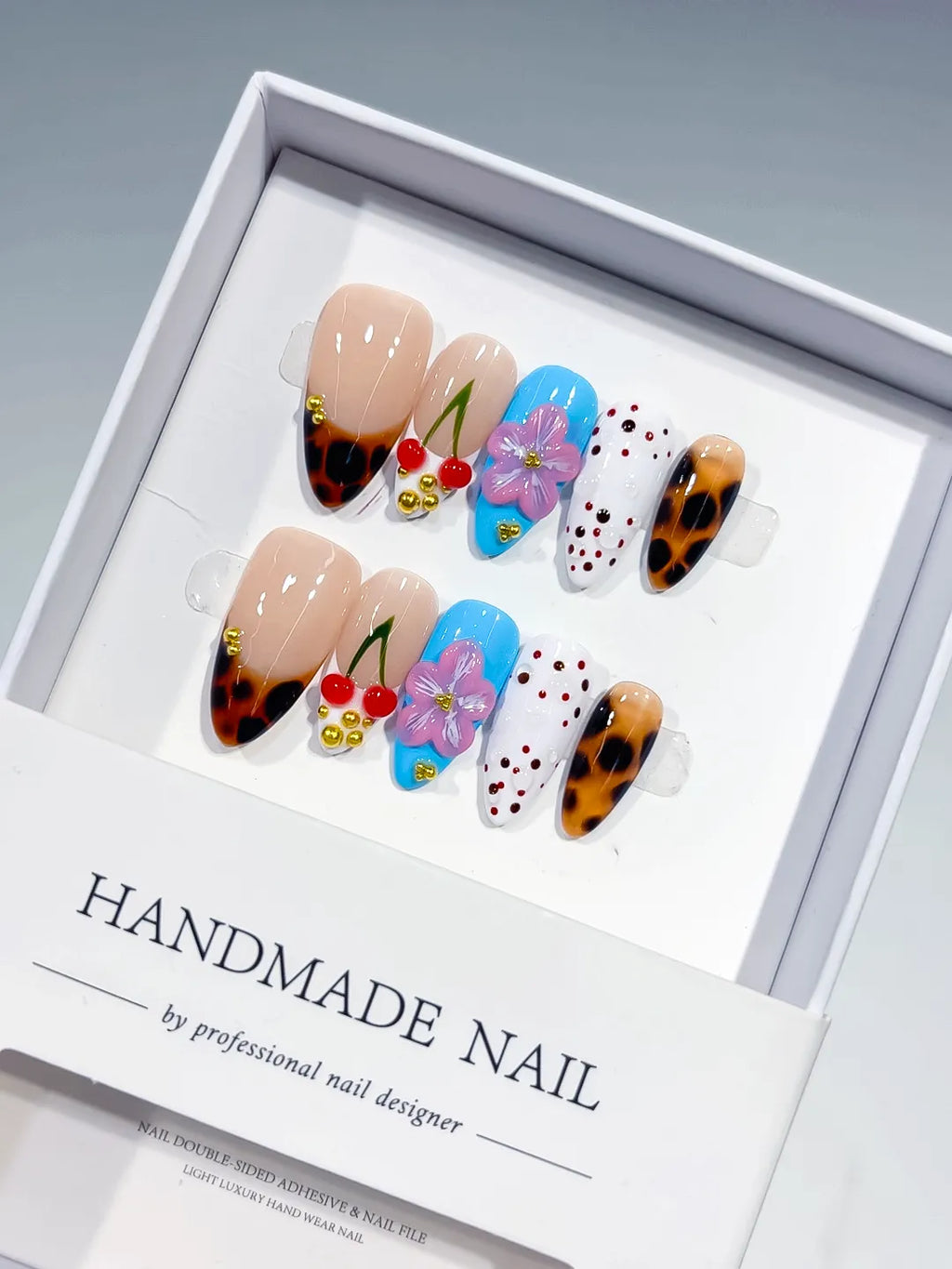 Nude Brown Blue White Red Abstract Cherry Flower Animal Print Dot Pattern press on nails