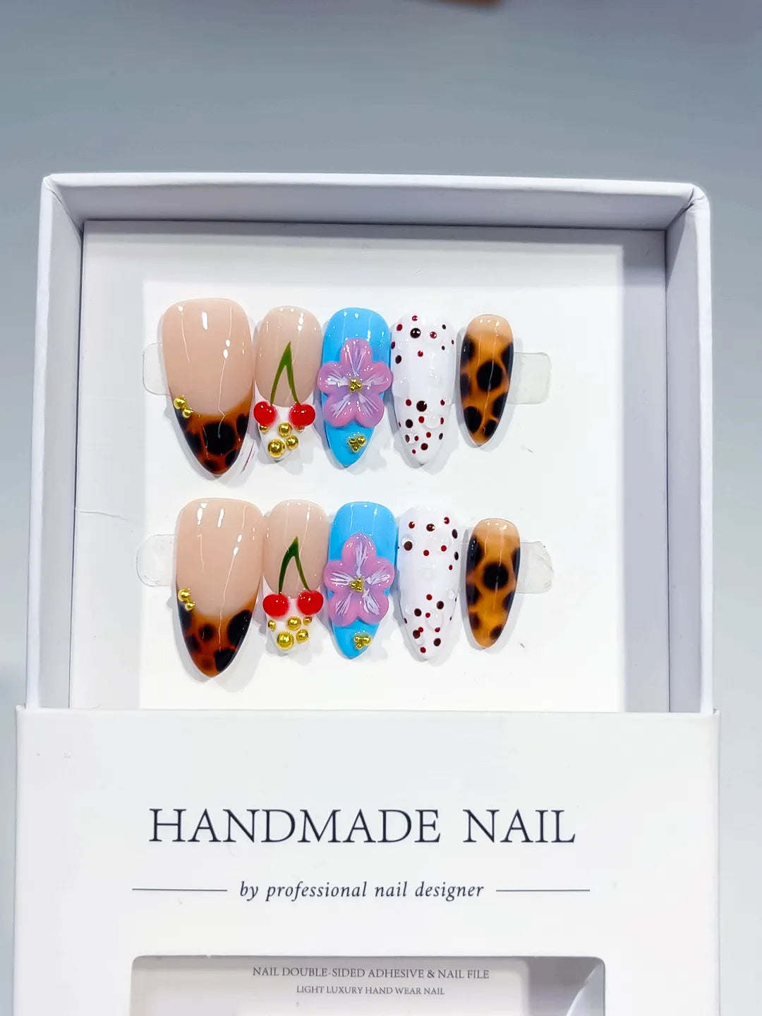 Nude Brown Blue White Red Abstract Cherry Flower Animal Print Dot Pattern press on nails full set view