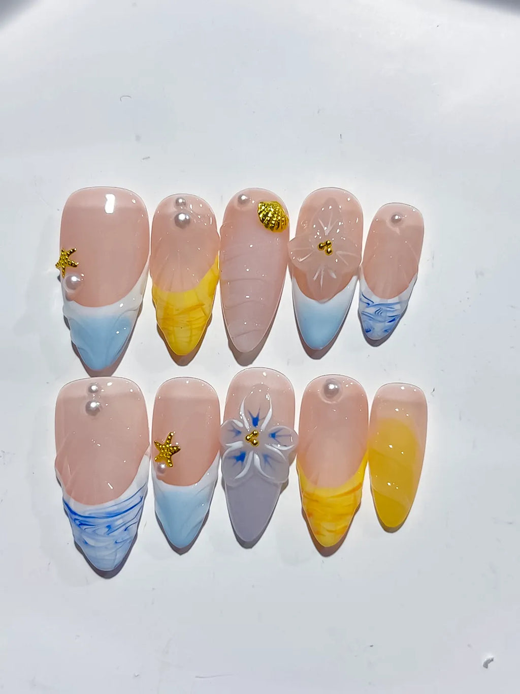 Nude Blue Yellow White French tip Flower Star Shell press on nails detail view