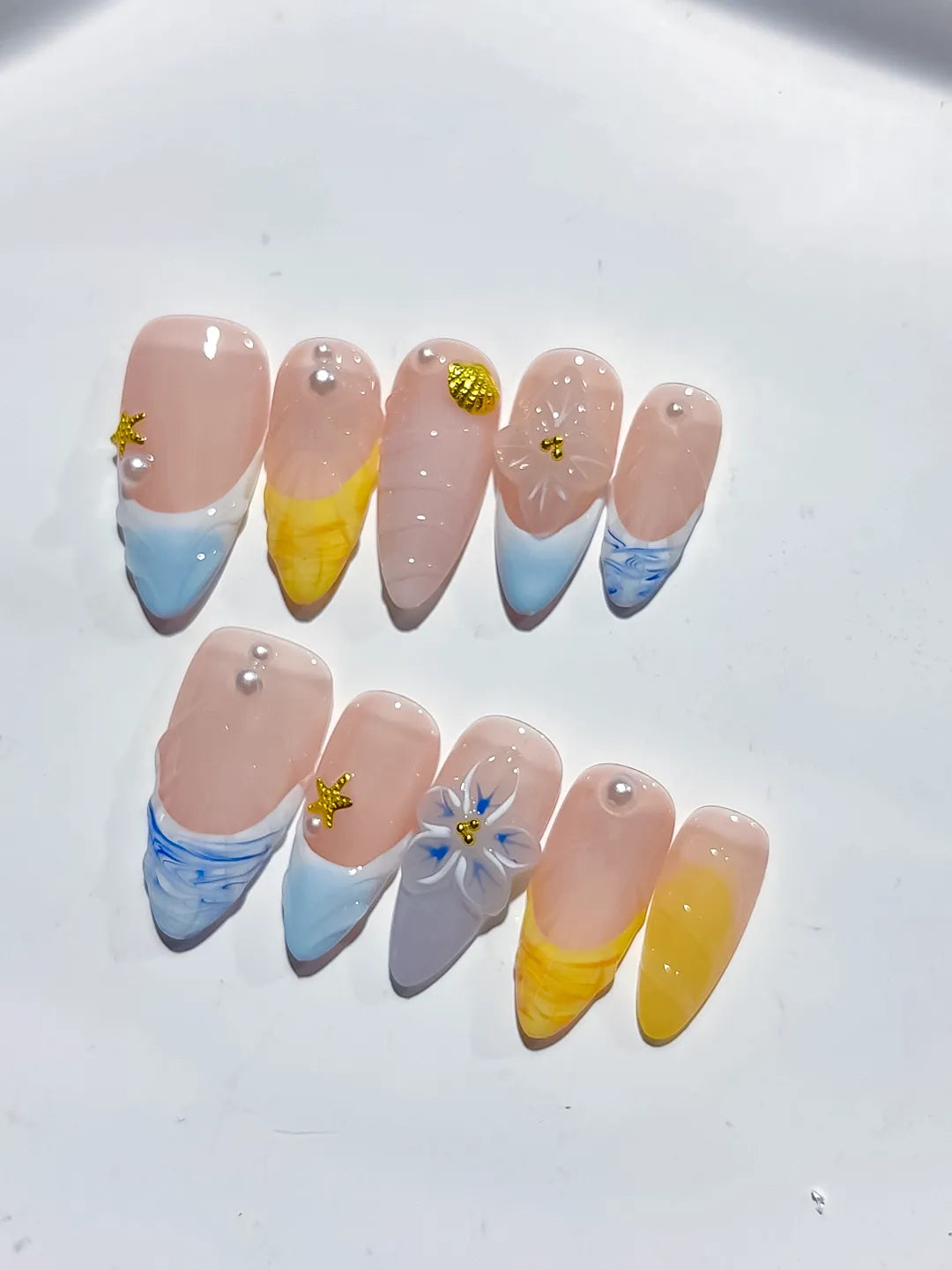 Nude Blue Yellow White French tip Flower Star Shell press on nails detail view