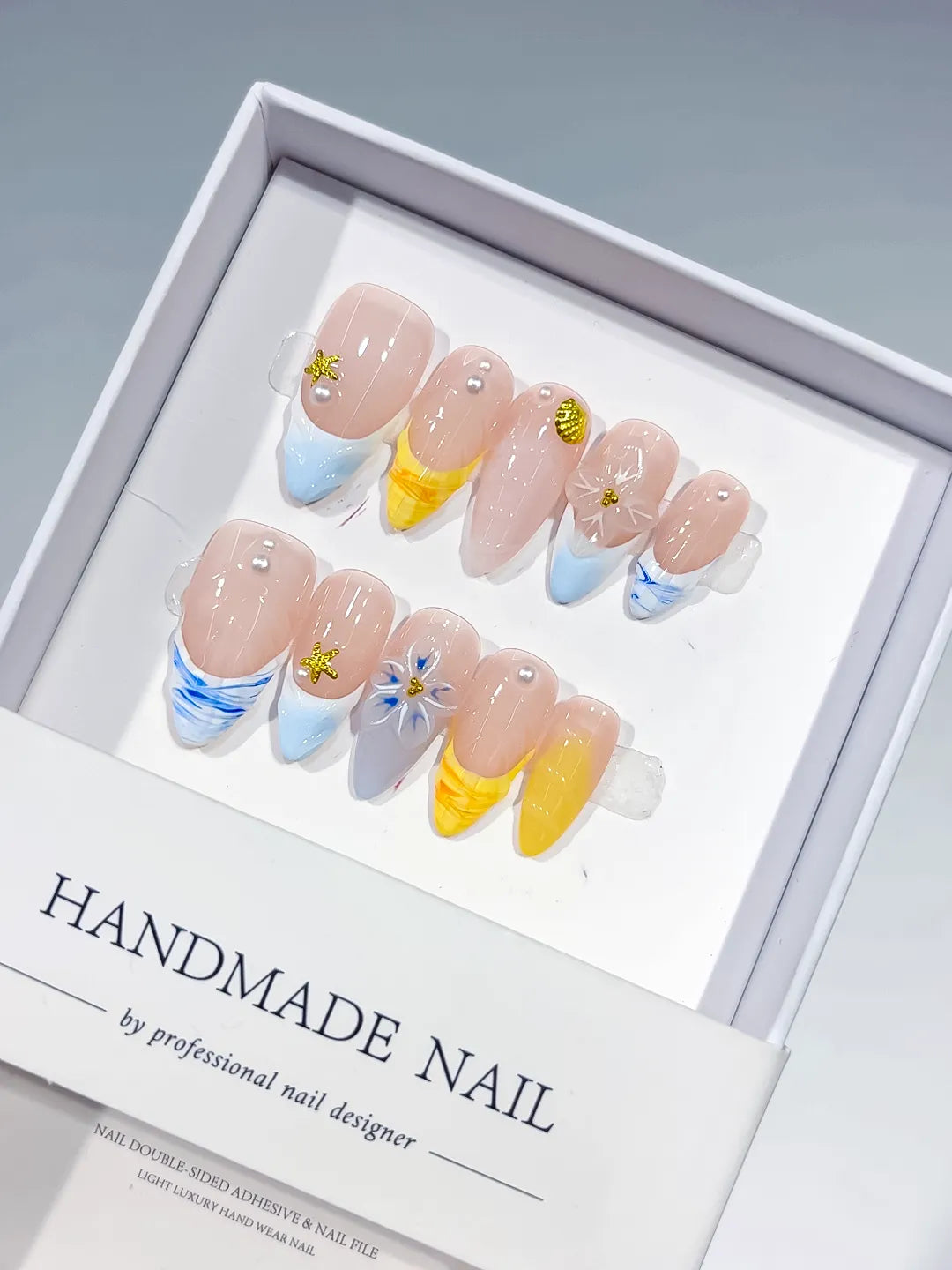 Nude Blue Yellow White French tip Flower Star Shell press on nails