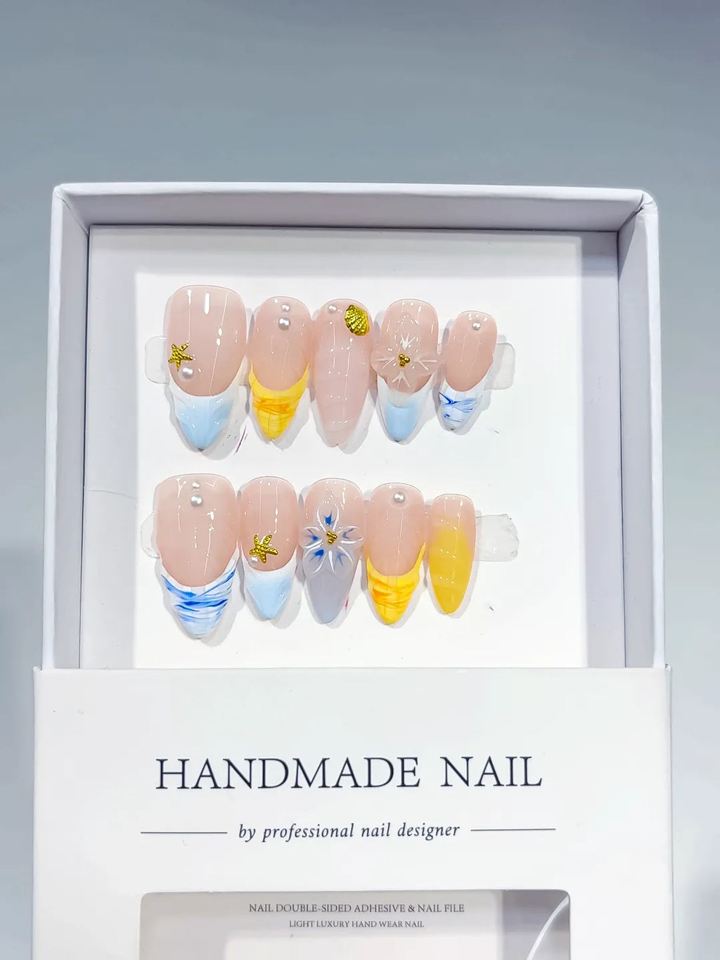 Nude Blue Yellow White French tip Flower Star Shell press on nails full set view