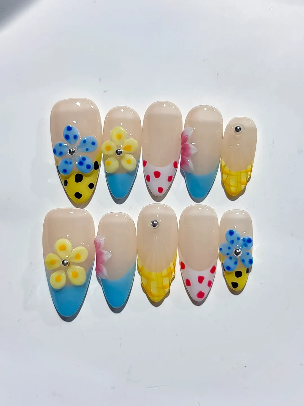 Nude Blue Yellow Pink Red Abstract Flower Dot Pattern press on nails close up