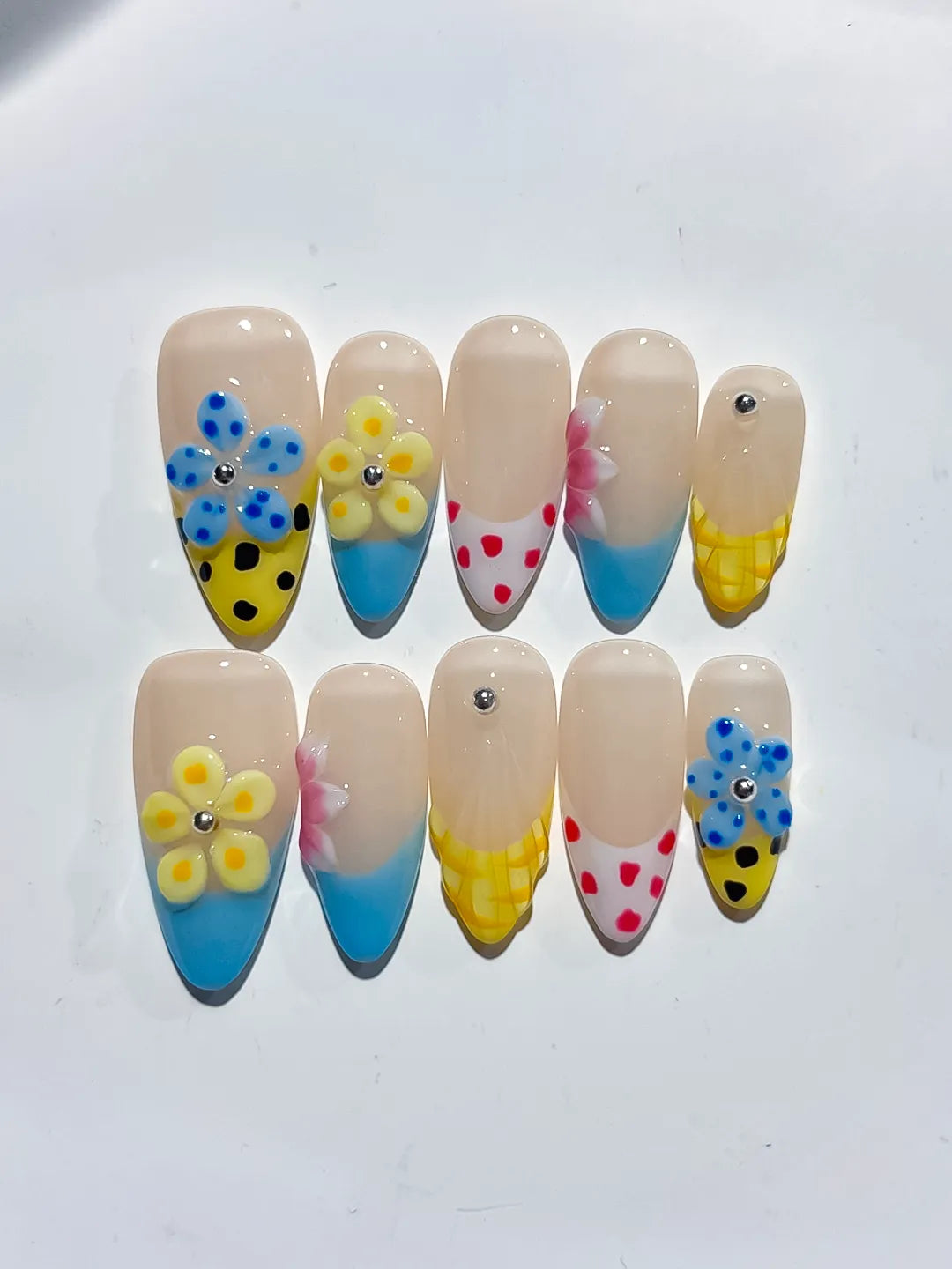 Nude Blue Yellow Pink Red Abstract Flower Dot Pattern press on nails close up
