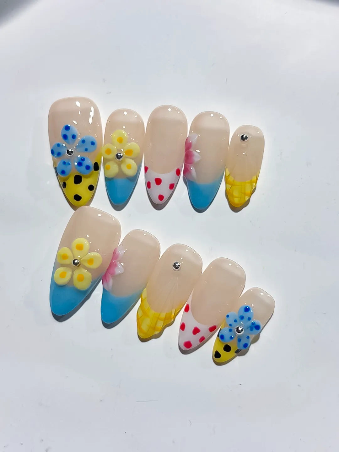 Nude Blue Yellow Pink Red Abstract Flower Dot Pattern press on nails detail view