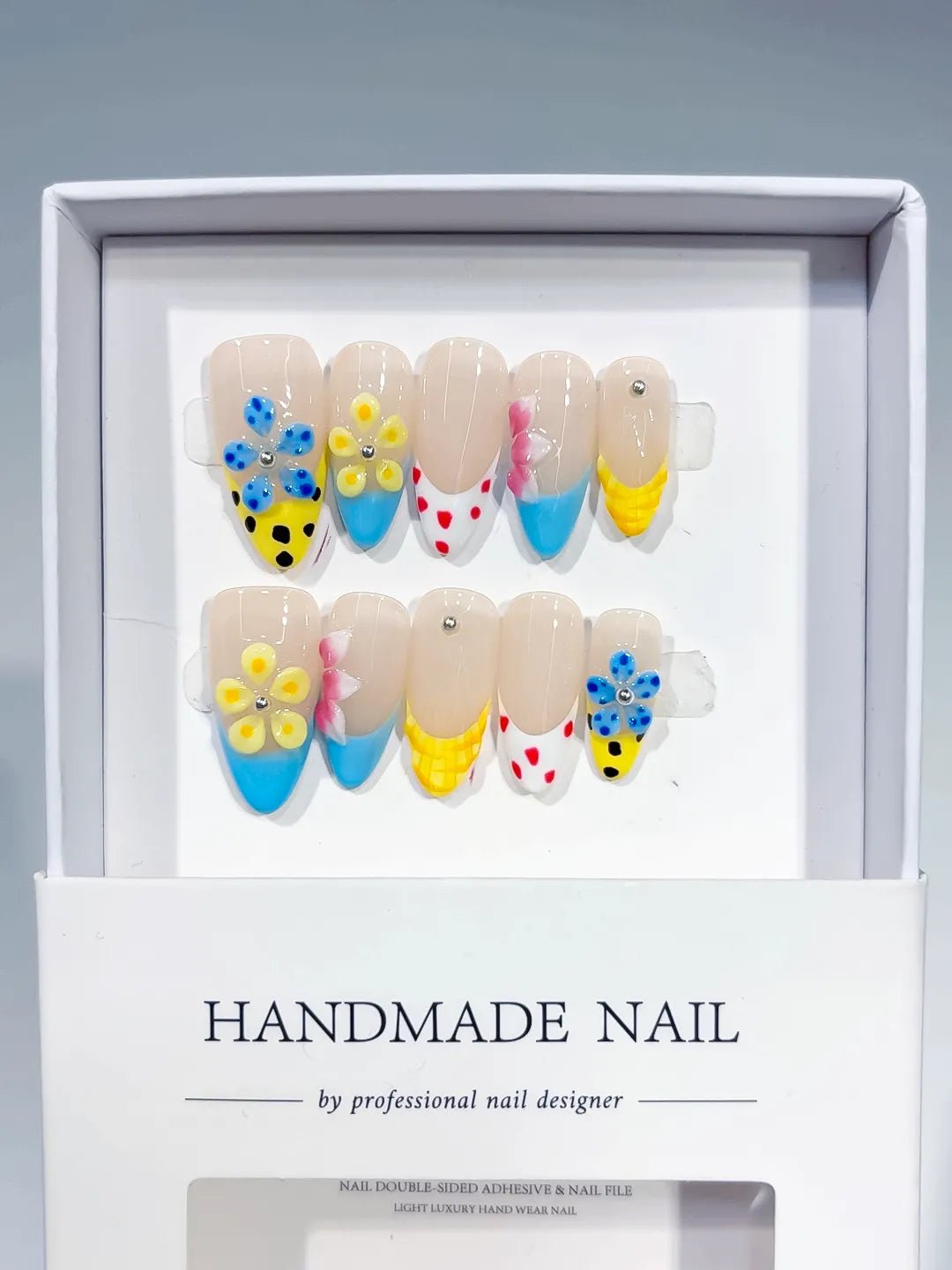 Nude Blue Yellow Pink Red Abstract Flower Dot Pattern press on nails full set view