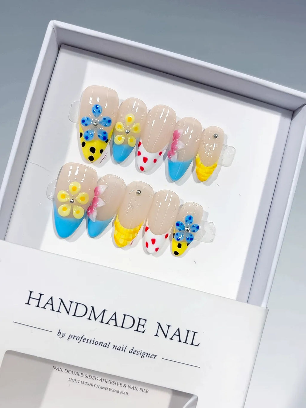 Nude Blue Yellow Pink Red Abstract Flower Dot Pattern press on nails