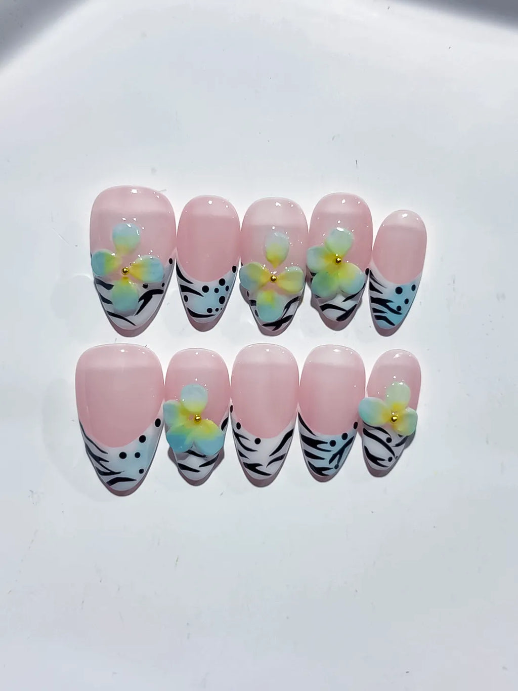 Pink White Black Blue Abstract Flower Animal Print press on nails close up