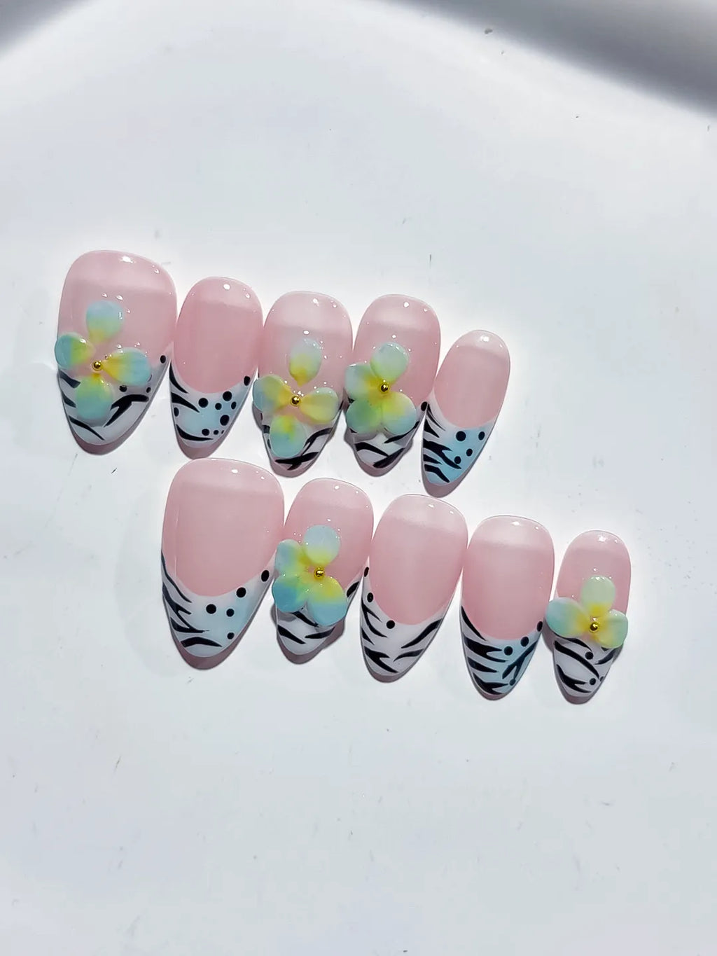 Pink White Black Blue Abstract Flower Animal Print press on nails detail view