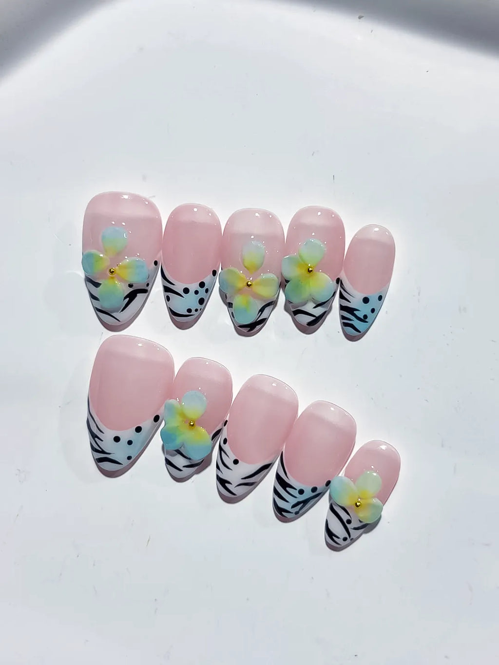 Pink White Black Blue Abstract Flower Animal Print press on nails detail view