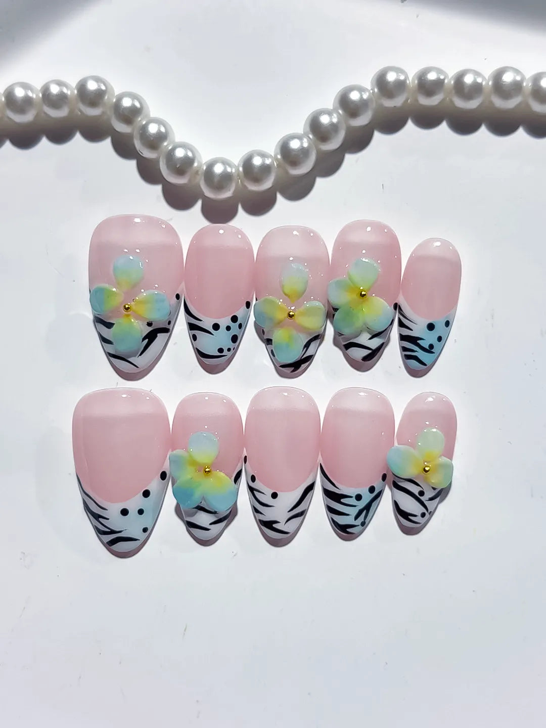 Pink White Black Blue Abstract Flower Animal Print press on nails detail view