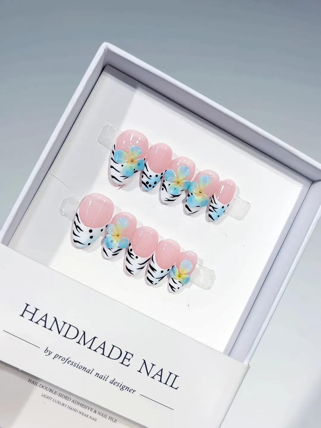 Pink White Black Blue Abstract Flower Animal Print press on nails