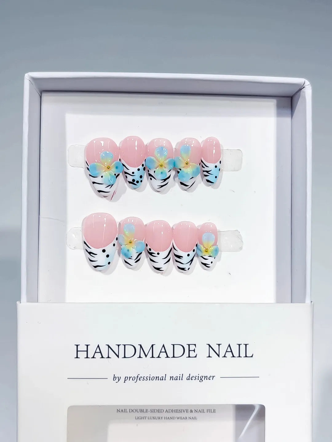 Pink White Black Blue Abstract Flower Animal Print press on nails full set view