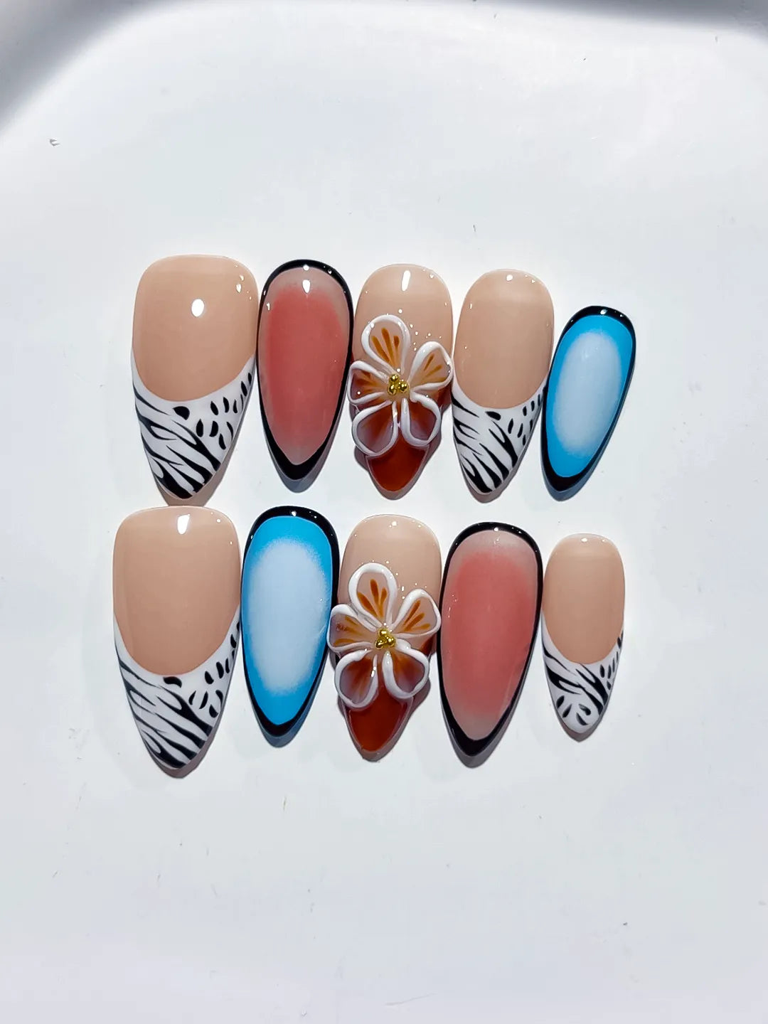 Nude Blue Black White Abstract Flower Animal Print press on nails close up