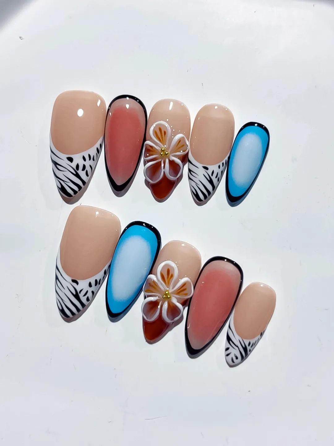 Nude Blue Black White Abstract Flower Animal Print press on nails detail view