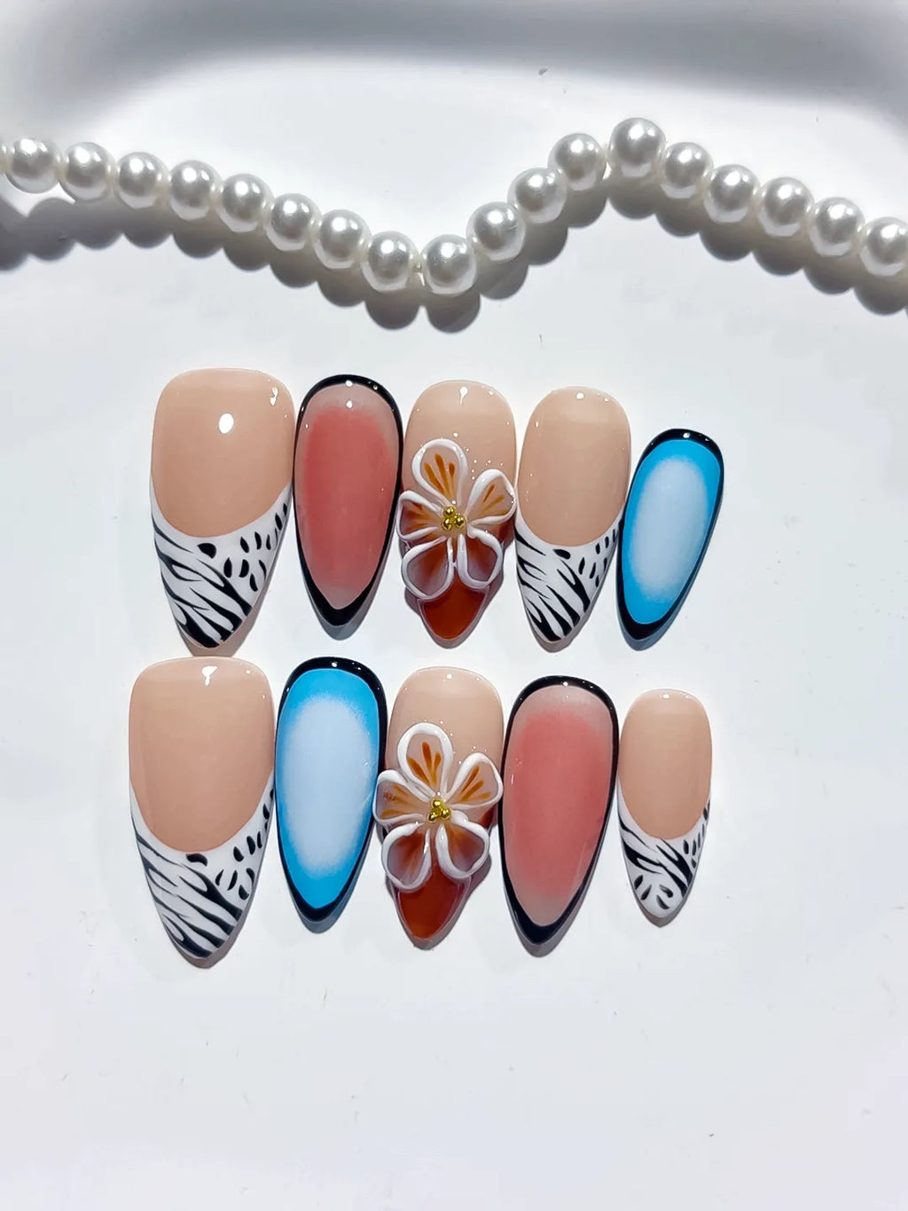 Nude Blue Black White Abstract Flower Animal Print press on nails detail view