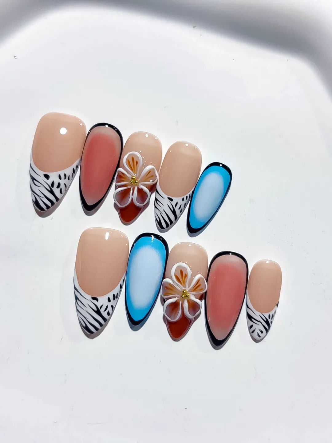 Nude Blue Black White Abstract Flower Animal Print press on nails detail view
