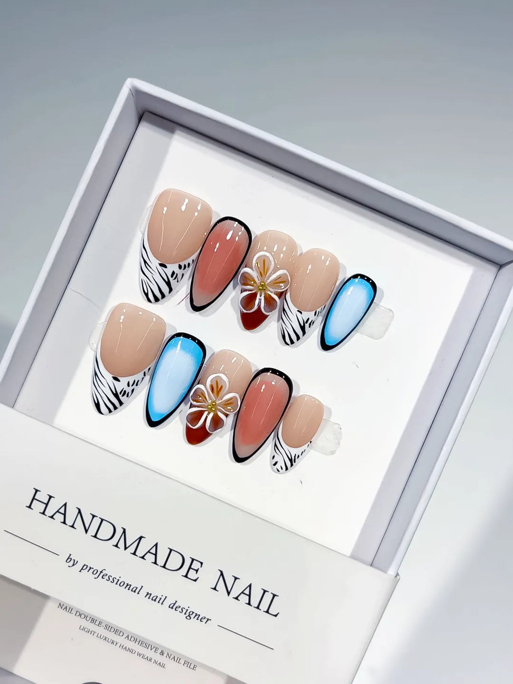 Nude Blue Black White Abstract Flower Animal Print press on nails