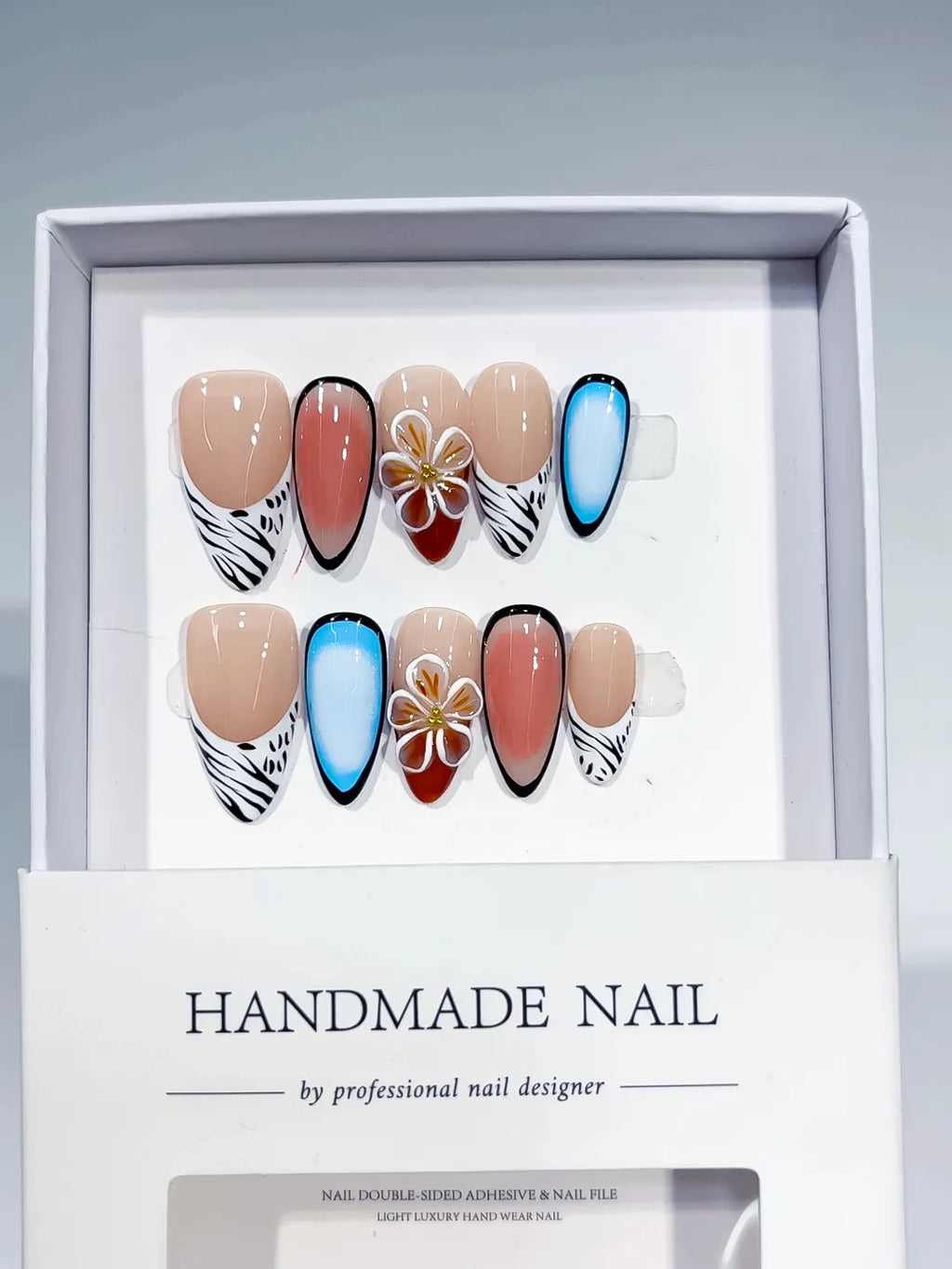 Nude Blue Black White Abstract Flower Animal Print press on nails full set view