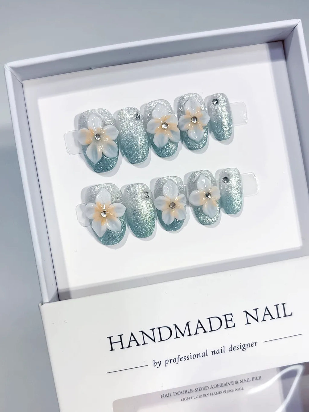 Green White Silver Glitter Flower Pearl press on nails angled view